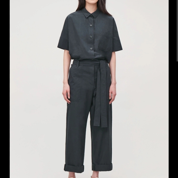 COS Black Cotton Topstitched Belted Jumpsuit Sz 4 US - Picture 2 of 10